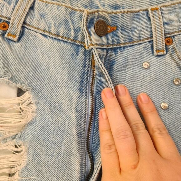 Vintage 90s Levis Jean Shorts Made in USA Light Wash Embellished Furst of a Kind - Picture 5 of 11